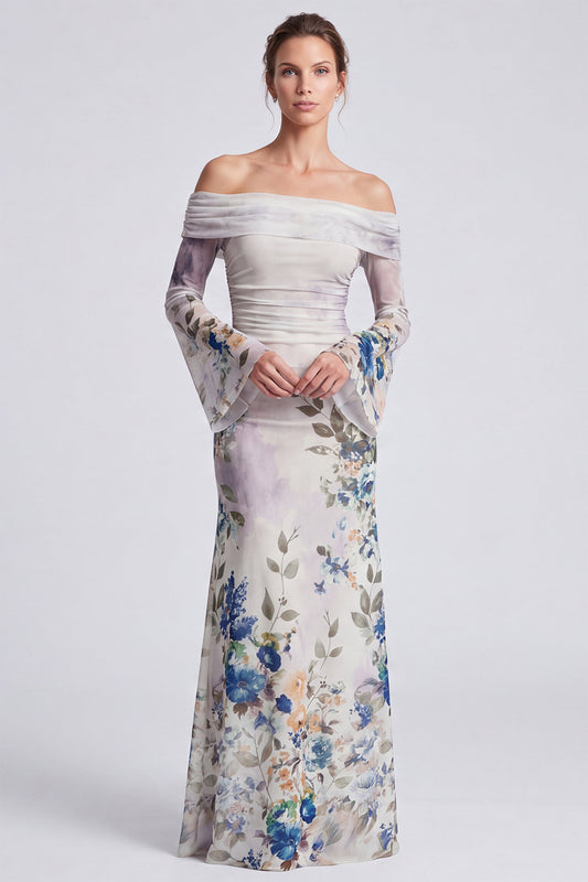Ivory Floral Ruched Mermaid Long Formal Dress with Sleeves
