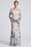 Ivory Floral Ruched Mermaid Long Formal Dress with Sleeves