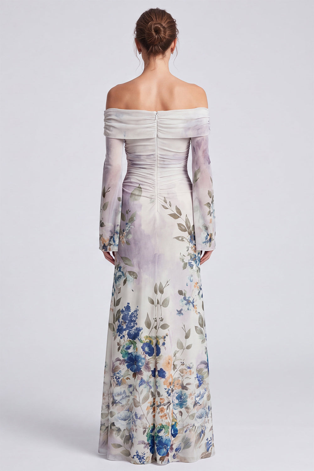 Ivory Floral Ruched Mermaid Long Formal Dress with Sleeves