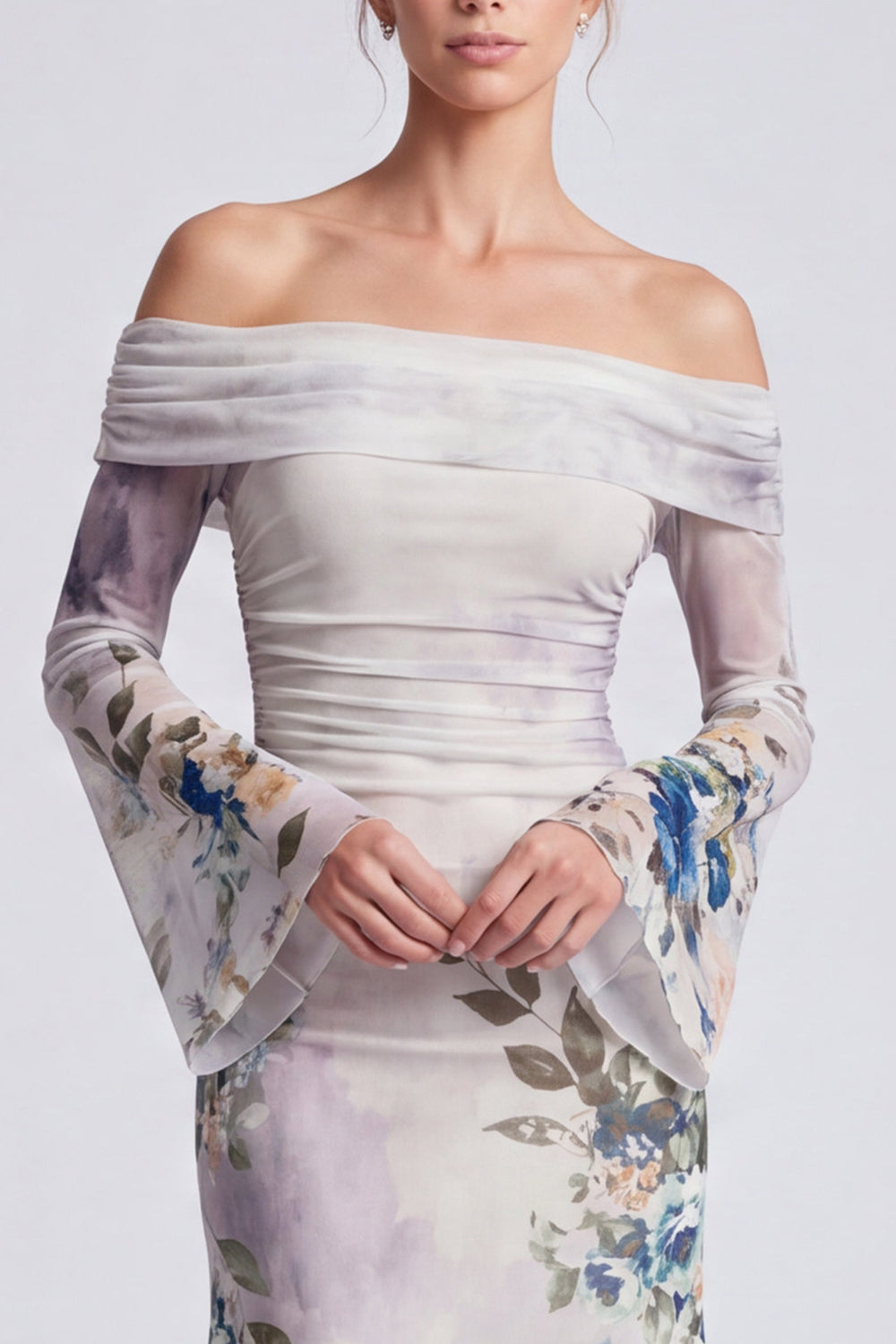 Ivory Floral Ruched Mermaid Long Formal Dress with Sleeves
