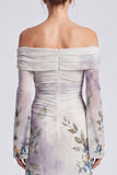 Ivory Floral Ruched Mermaid Long Formal Dress with Sleeves