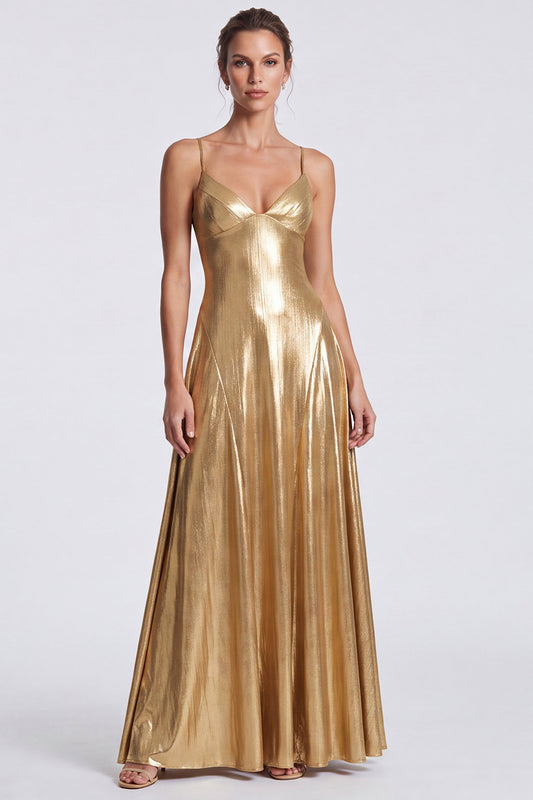 Gold A Line Long Metallic Spaghetti Straps Formal Dress