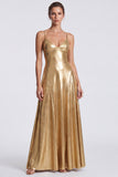 Gold A Line Long Metallic Spaghetti Straps Formal Dress