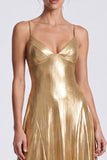 Gold A Line Long Metallic Spaghetti Straps Formal Dress