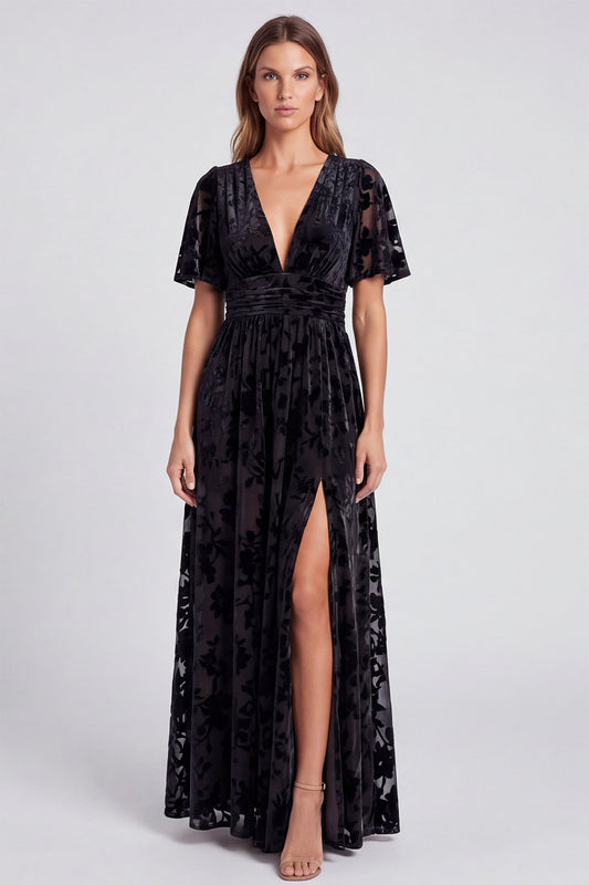 Black Floral Long Velvet A Line V-Neck Formal Dress with Slit