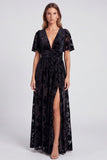Black Floral Long Velvet A Line V-Neck Formal Dress with Slit