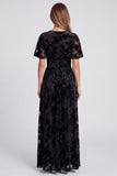 Black Floral Long Velvet A Line V-Neck Formal Dress with Slit