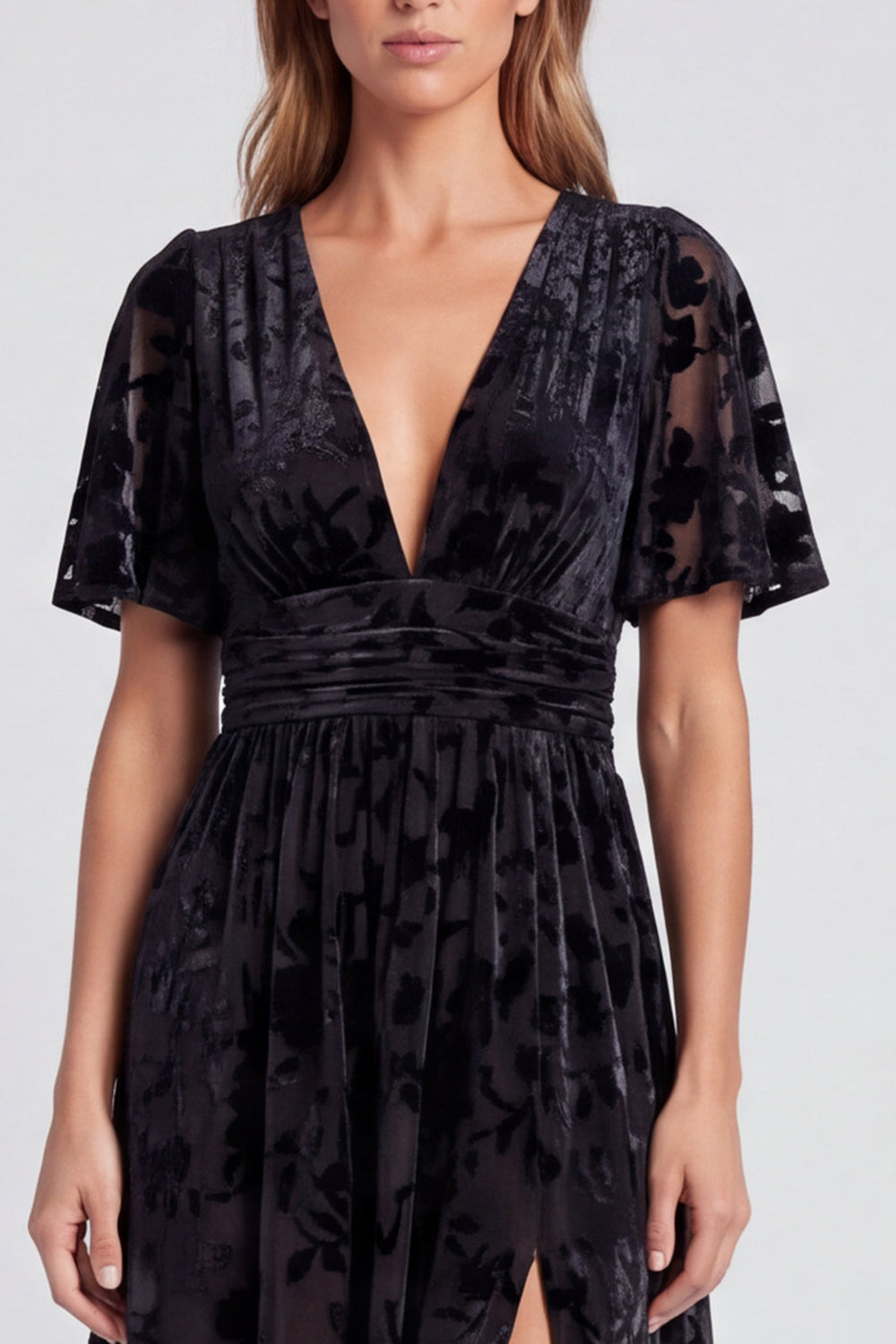 Black Floral Long Velvet A Line V-Neck Formal Dress with Slit