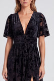 Black Floral Long Velvet A Line V-Neck Formal Dress with Slit