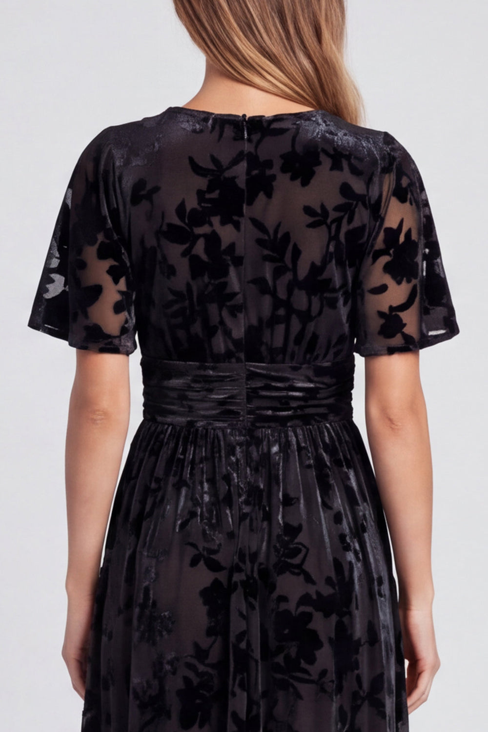 Black Floral Long Velvet A Line V-Neck Formal Dress with Slit