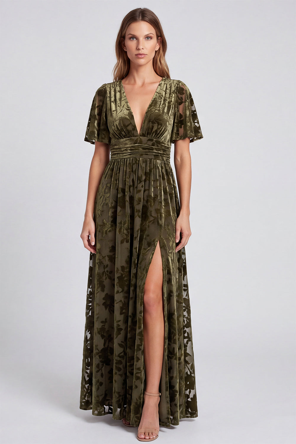 Black Floral Long Velvet A Line V-Neck Formal Dress with Slit