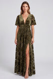 Black Floral Long Velvet A Line V-Neck Formal Dress with Slit