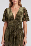 Black Floral Long Velvet A Line V-Neck Formal Dress with Slit