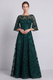 Dark Green A Line Floral Sparkly Long Beaded Formal Dress with Sleeves