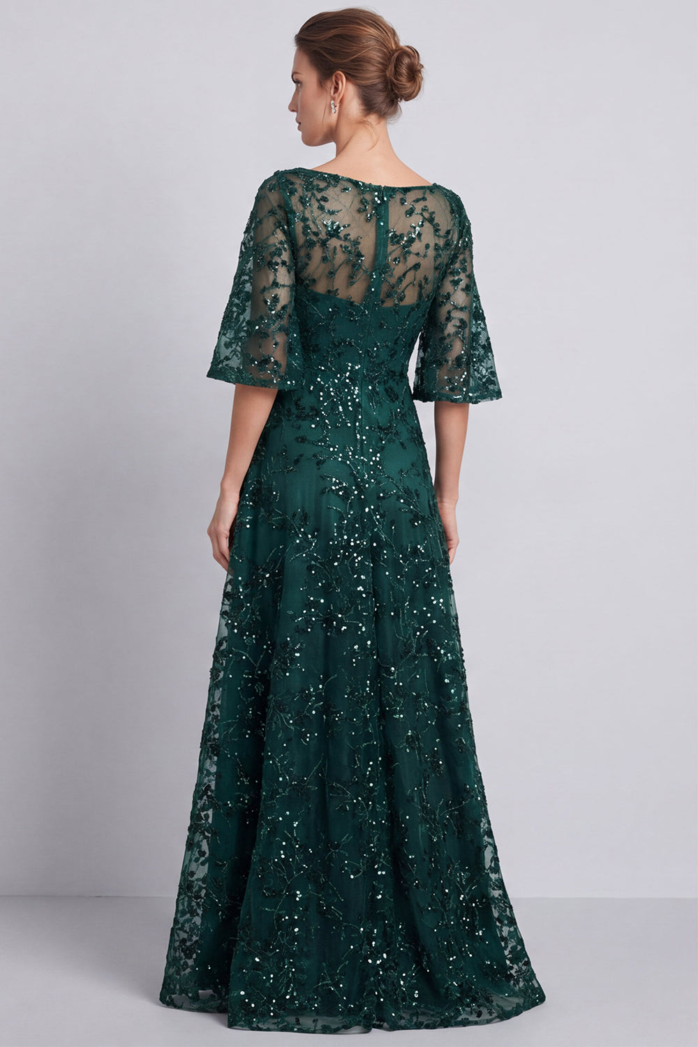 Dark Green A Line Floral Sparkly Long Beaded Formal Dress with Sleeves