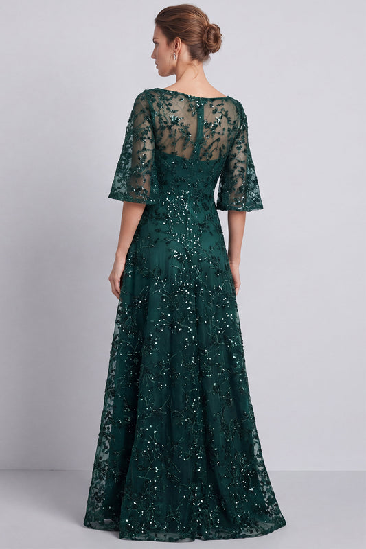 Dark Green A Line Floral Sparkly Long Beaded Formal Dress with Sleeves