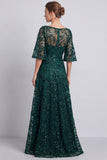 Dark Green A Line Floral Sparkly Long Beaded Formal Dress with Sleeves