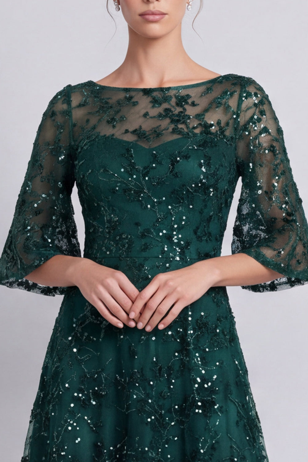 Dark Green A Line Floral Sparkly Long Beaded Formal Dress with Sleeves