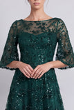 Dark Green A Line Floral Sparkly Long Beaded Formal Dress with Sleeves