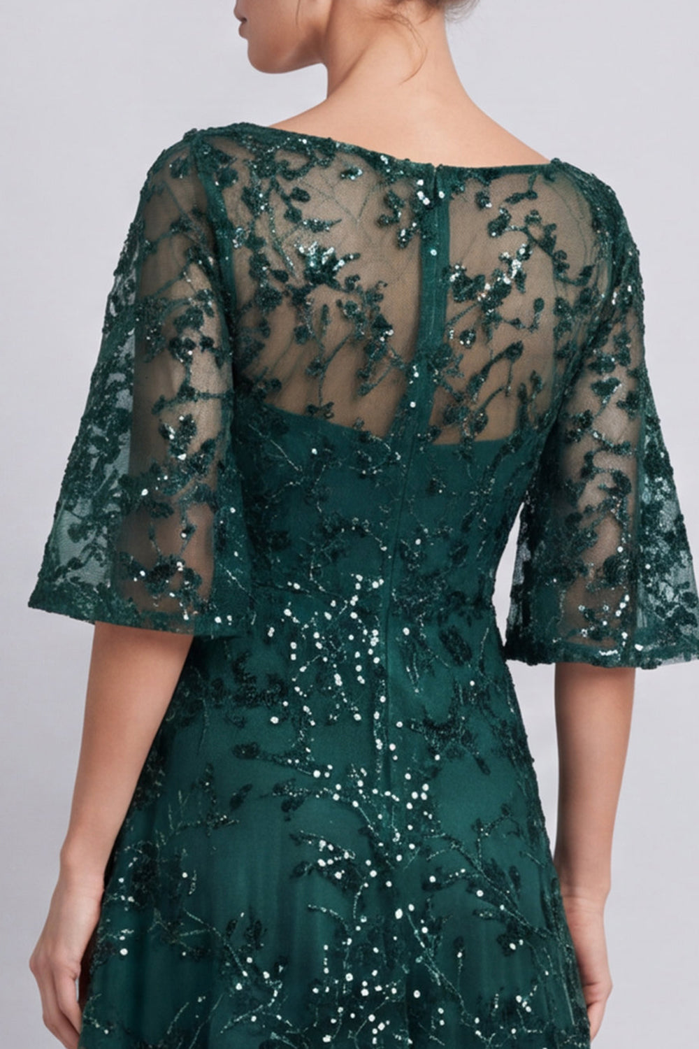 Dark Green A Line Floral Sparkly Long Beaded Formal Dress with Sleeves