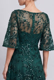 Dark Green A Line Floral Sparkly Long Beaded Formal Dress with Sleeves