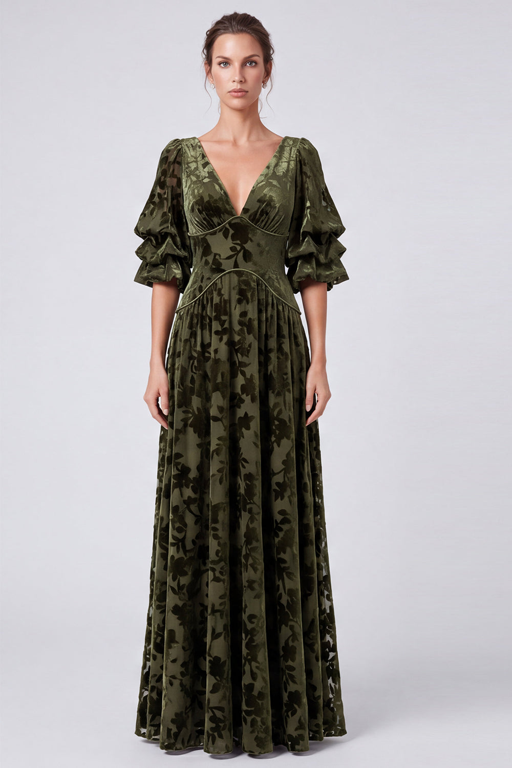 Olive A Line Floral Velvet V-Neck Long Formal Dress with Sleeves