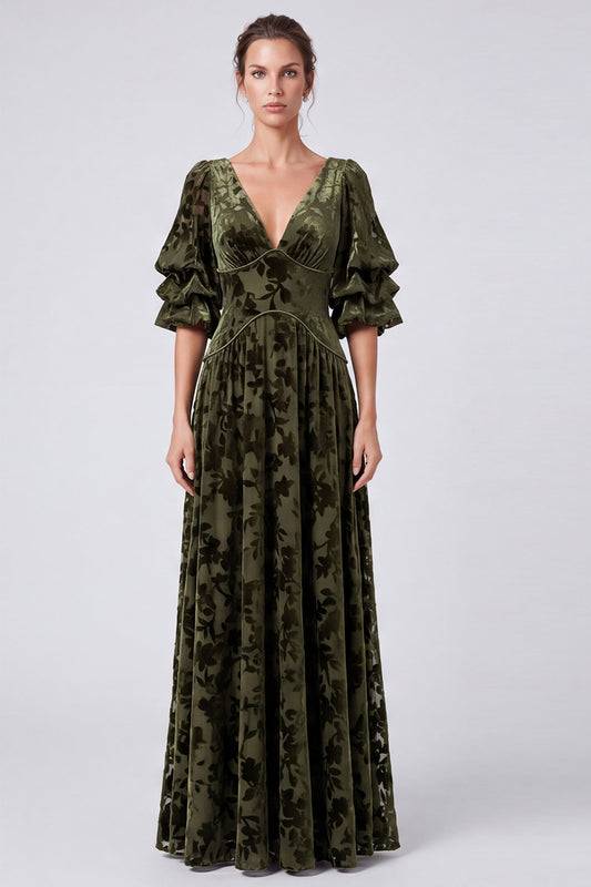 Olive A Line Floral Velvet V-Neck Long Formal Dress with Sleeves