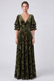 Olive A Line Floral Velvet V-Neck Long Formal Dress with Sleeves