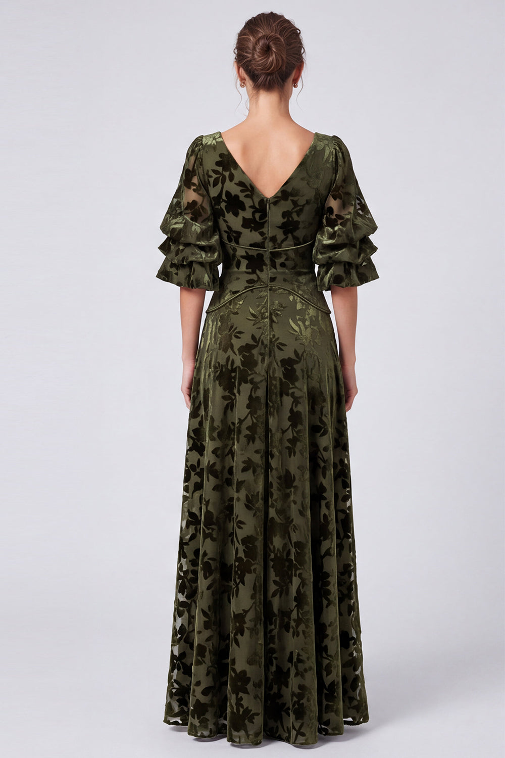 Olive A Line Floral Velvet V-Neck Long Formal Dress with Sleeves
