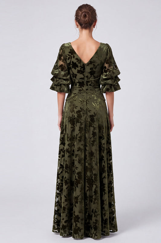 Olive A Line Floral Velvet V-Neck Long Formal Dress with Sleeves