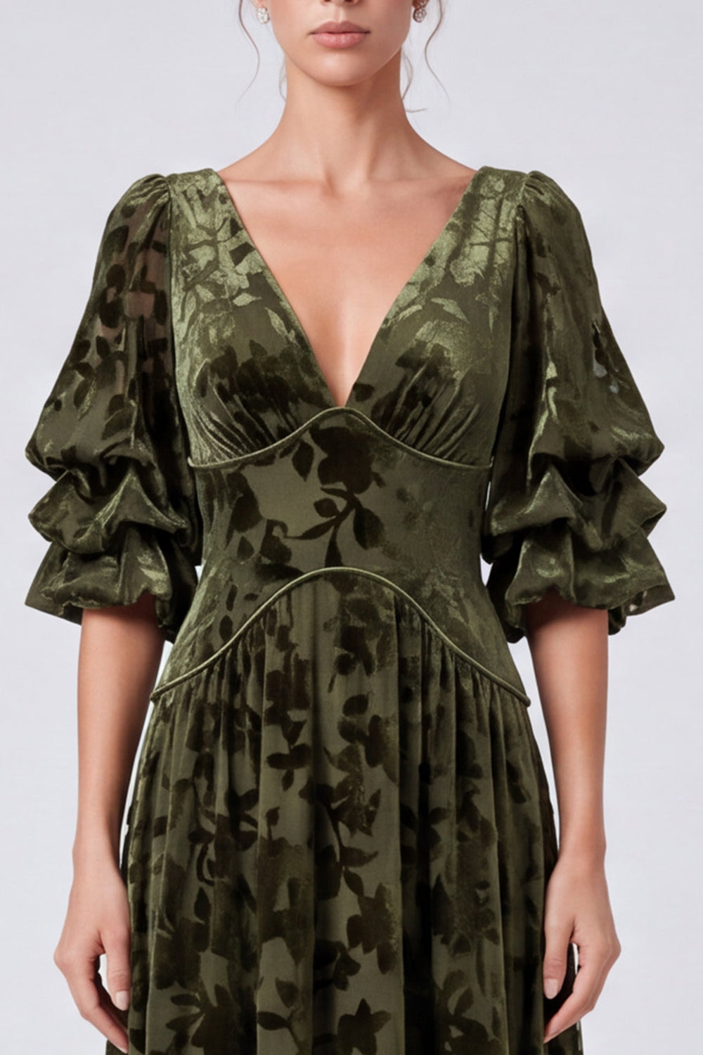 Olive A Line Floral Velvet V-Neck Long Formal Dress with Sleeves