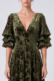 Olive A Line Floral Velvet V-Neck Long Formal Dress with Sleeves