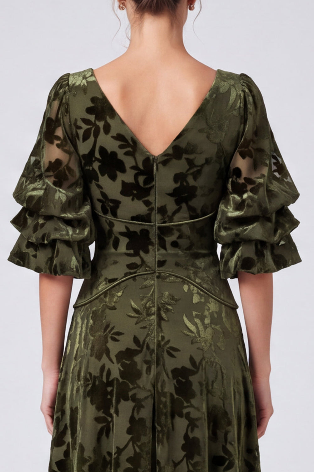 Olive A Line Floral Velvet V-Neck Long Formal Dress with Sleeves