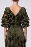 Olive A Line Floral Velvet V-Neck Long Formal Dress with Sleeves