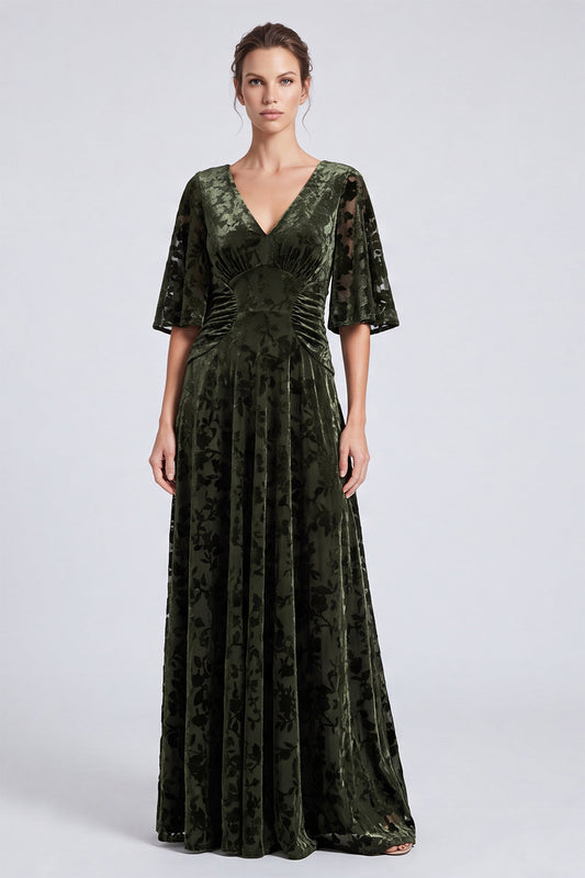 Olive Floral A Line Ruched Velvet Long Formal Dress with Sleeves