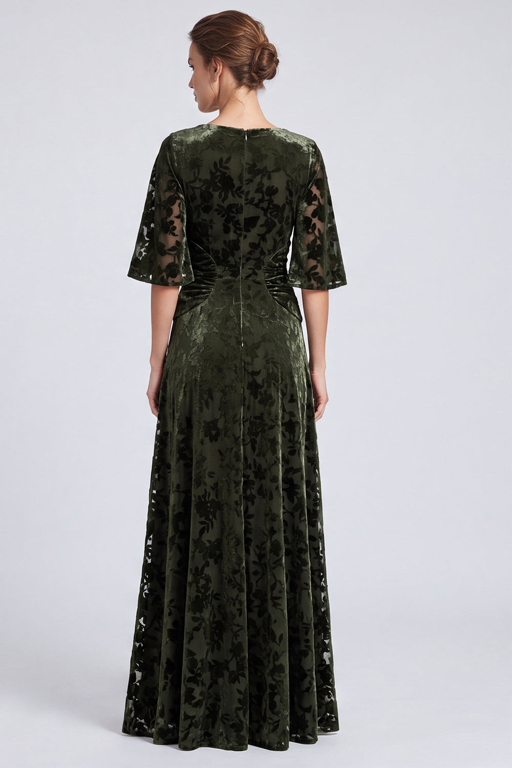 Olive Floral A Line Ruched Velvet Long Formal Dress with Sleeves