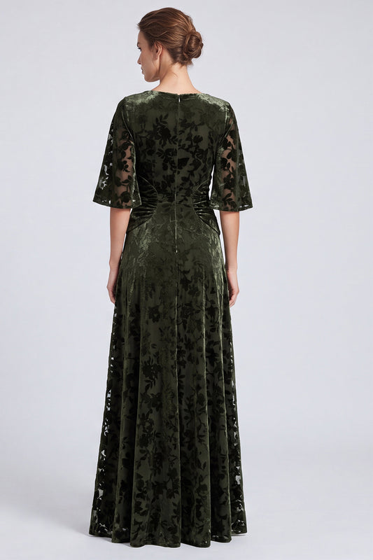 Olive Floral A Line Ruched Velvet Long Formal Dress with Sleeves