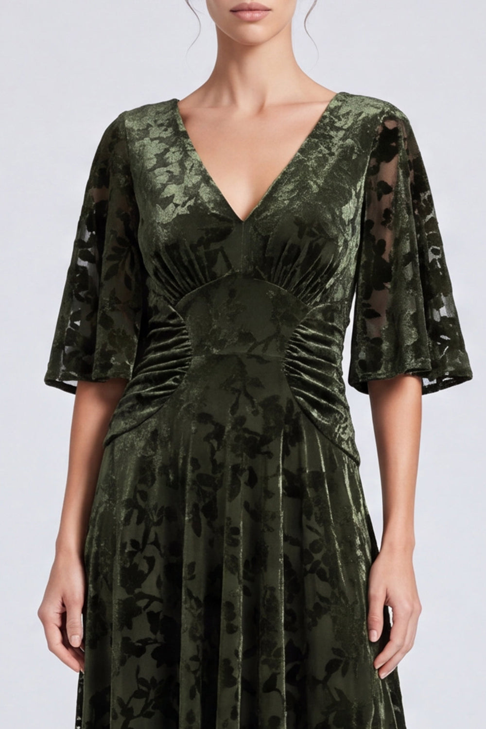 Olive Floral A Line Ruched Velvet Long Formal Dress with Sleeves