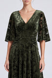 Olive Floral A Line Ruched Velvet Long Formal Dress with Sleeves