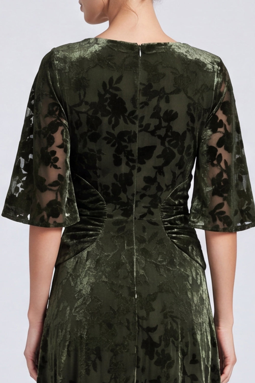 Olive Floral A Line Ruched Velvet Long Formal Dress with Sleeves