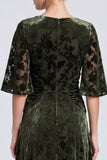 Olive Floral A Line Ruched Velvet Long Formal Dress with Sleeves