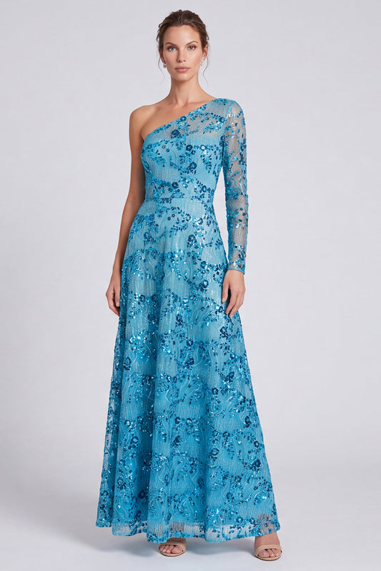 Blue Floral A Line Sequin Sparkly Long Sleeve Formal Dress