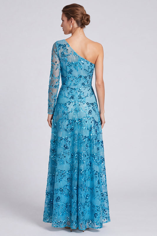 Blue Floral A Line Sequin Sparkly Long Sleeve Formal Dress