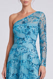 Blue Floral A Line Sequin Sparkly Long Sleeve Formal Dress