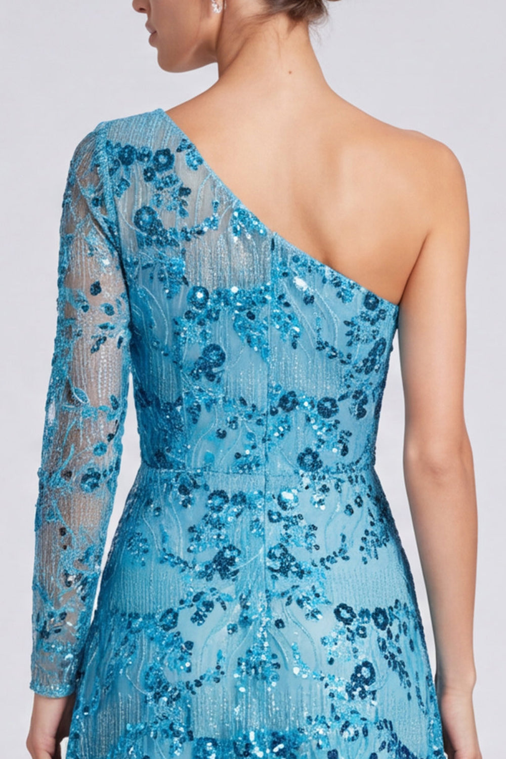 Blue Floral A Line Sequin Sparkly Long Sleeve Formal Dress