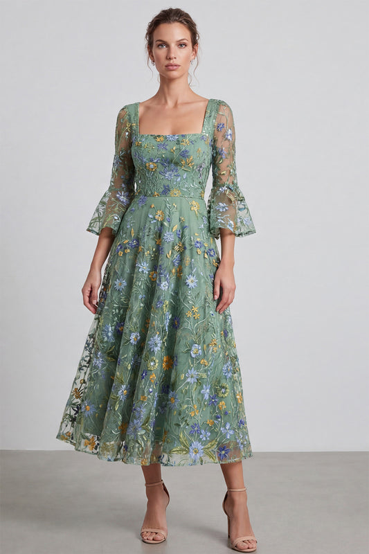 Dusty Sage Floral A Line Square Neck Midi Formal Dress with Sleeves