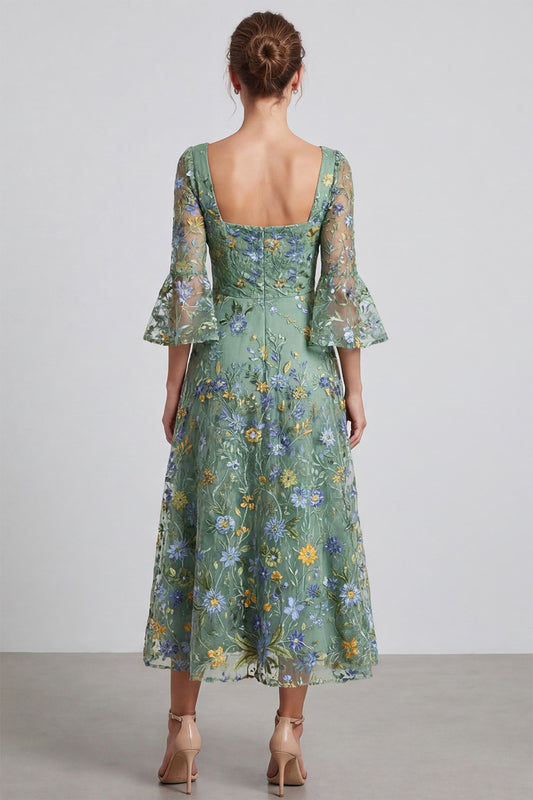 Dusty Sage Floral A Line Square Neck Midi Formal Dress with Sleeves