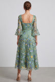 Dusty Sage Floral A Line Square Neck Midi Formal Dress with Sleeves