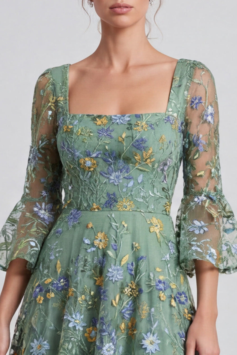 Dusty Sage Floral A Line Square Neck Midi Formal Dress with Sleeves
