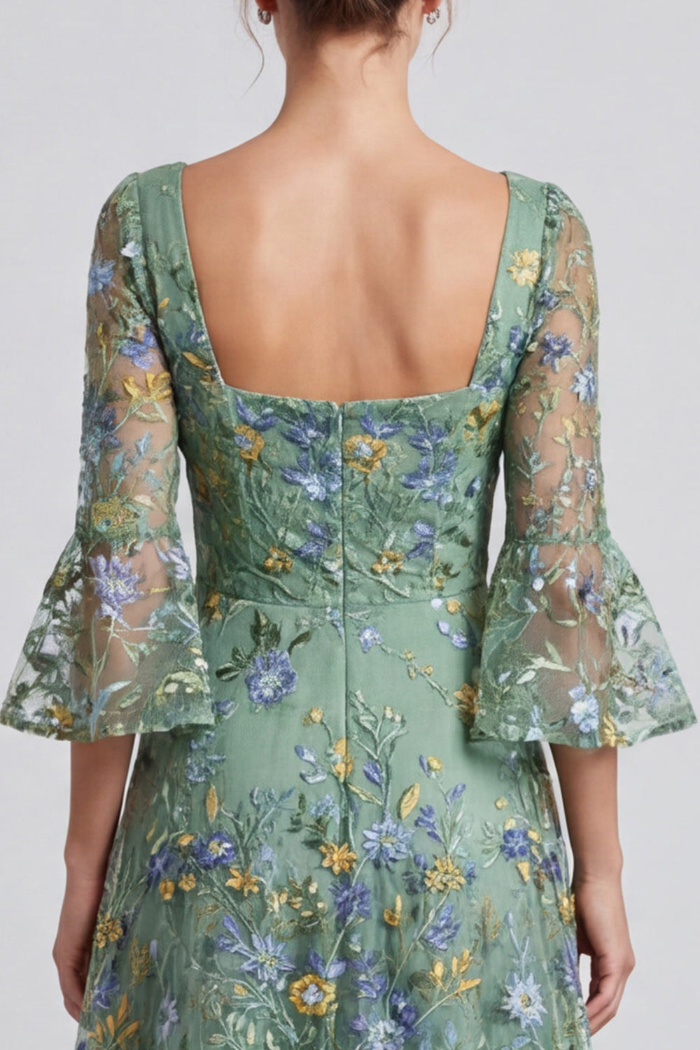 Dusty Sage Floral A Line Square Neck Midi Formal Dress with Sleeves